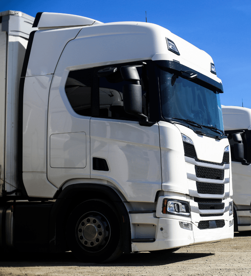Row of white truck cabs parked side by side under a blue sky