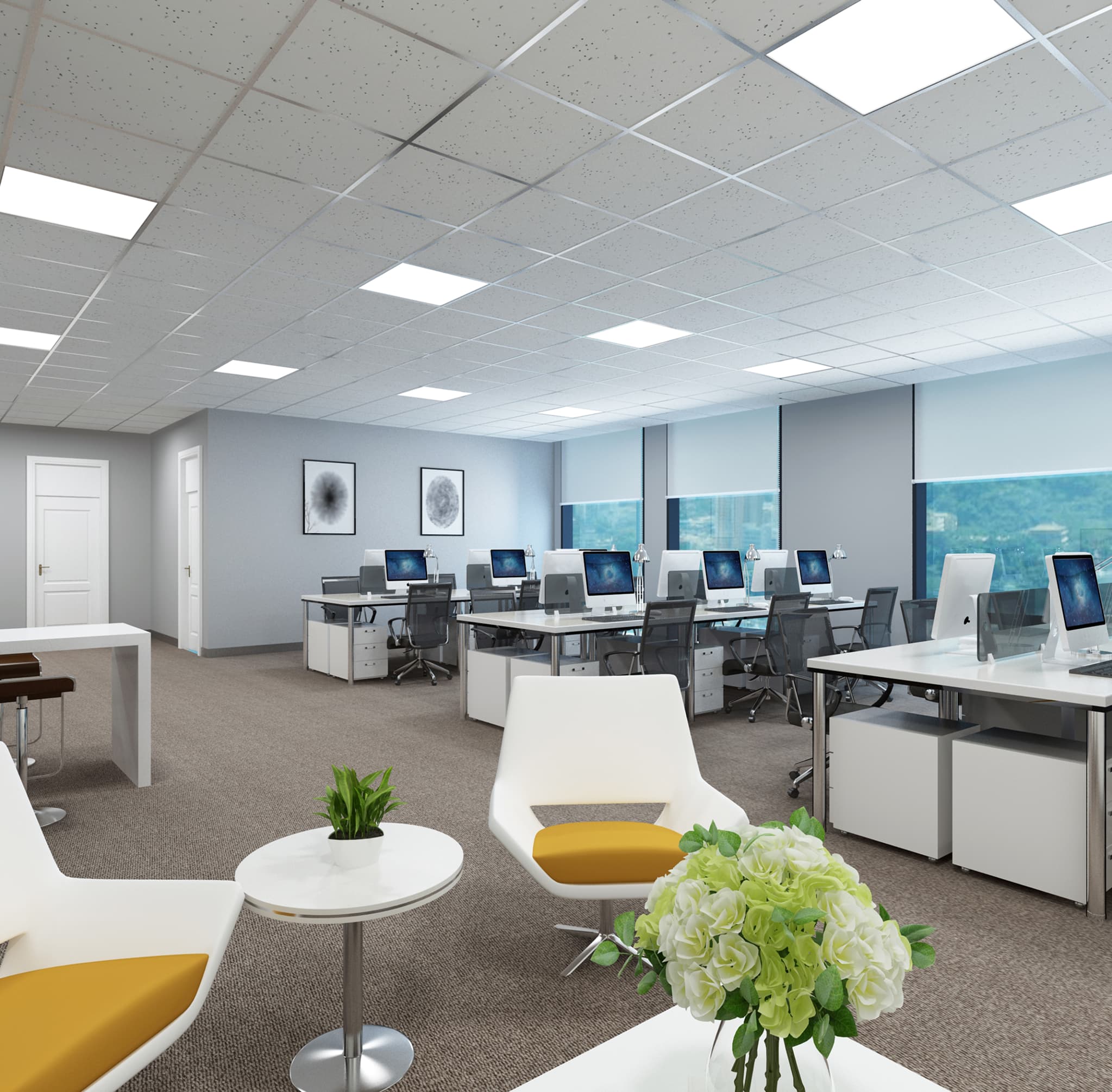 Modern open-plan office interior with desks and chairs