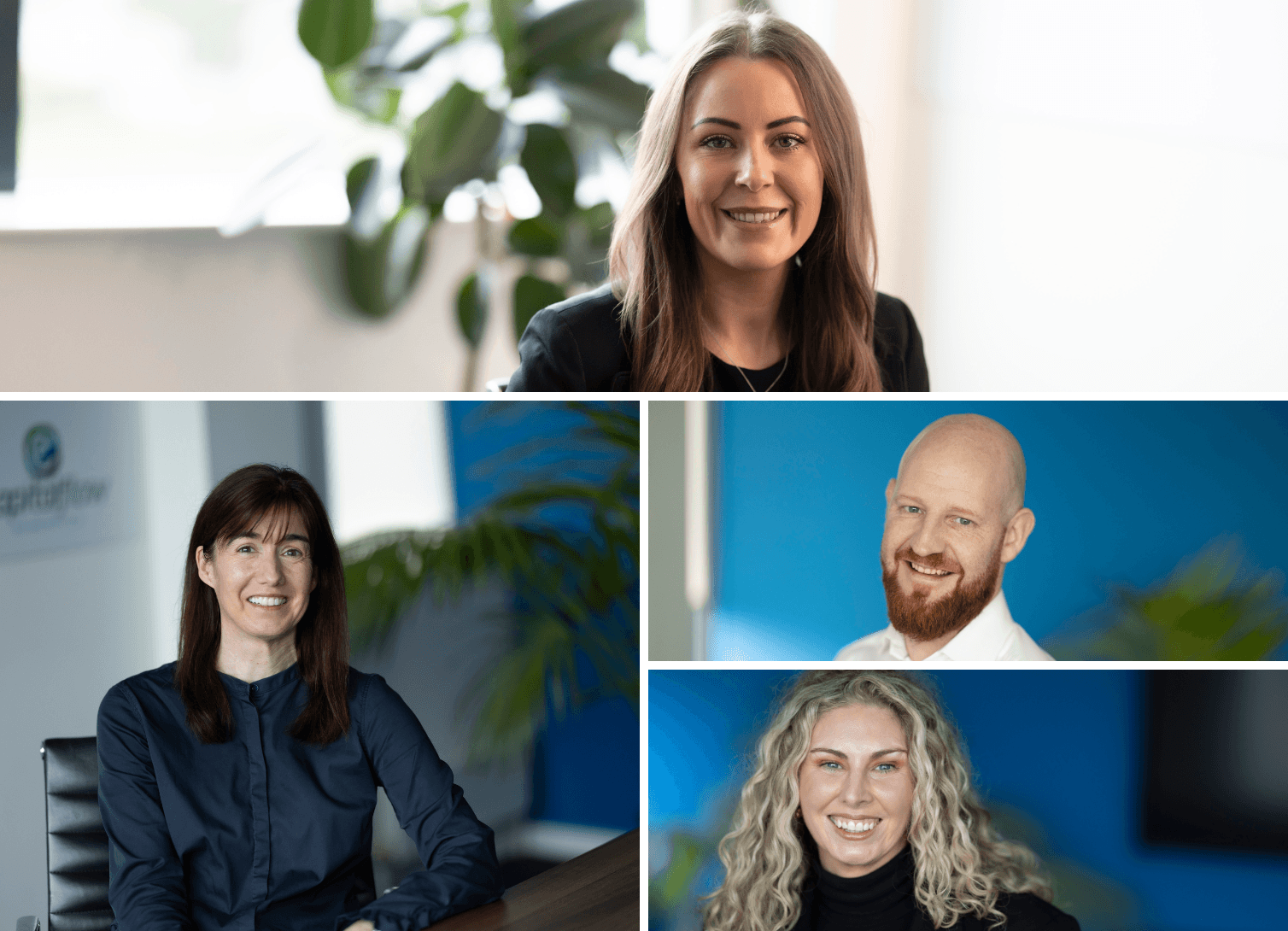 a collage of four people in individual video-call style frames