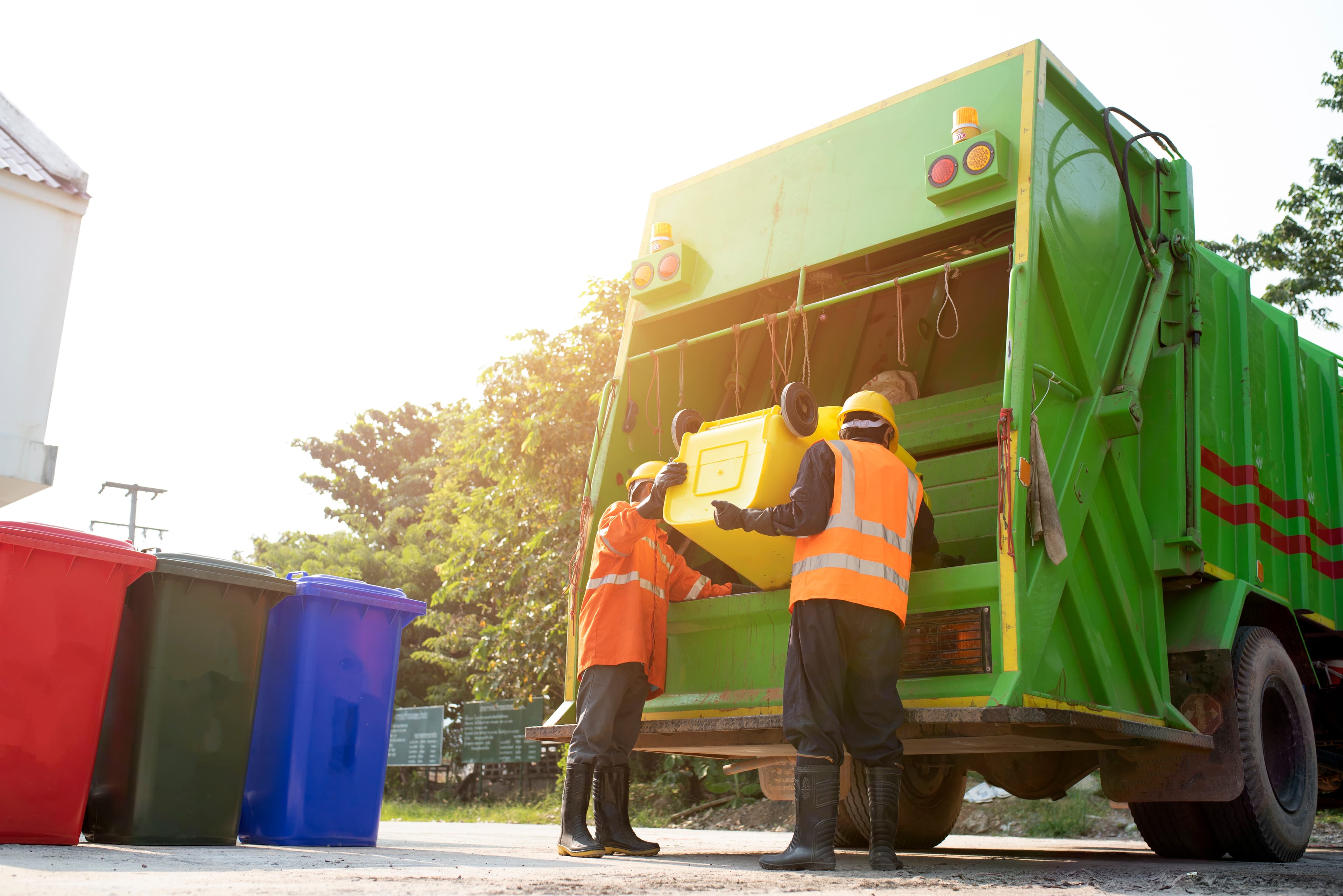 Green waste collection truck with worker, sunlight flare