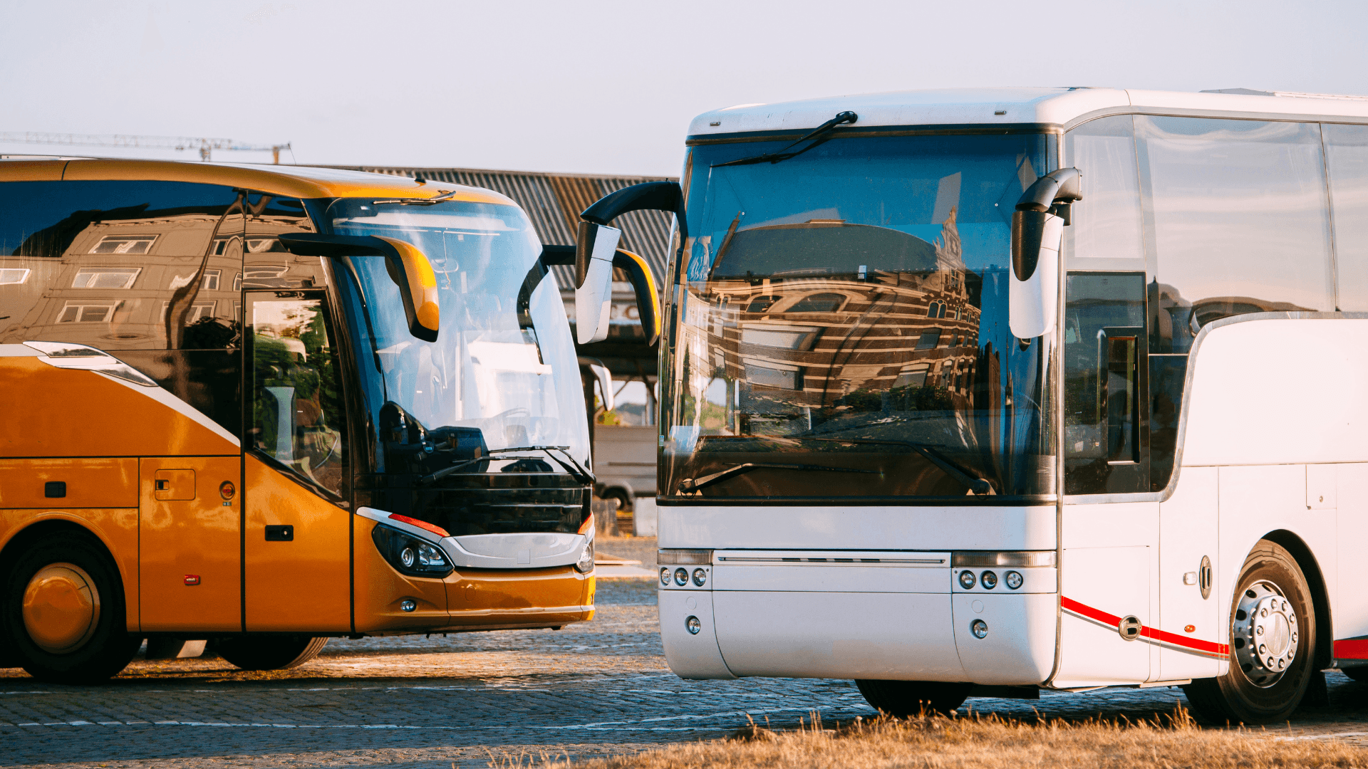 Two coaches parking beside each other in a car park