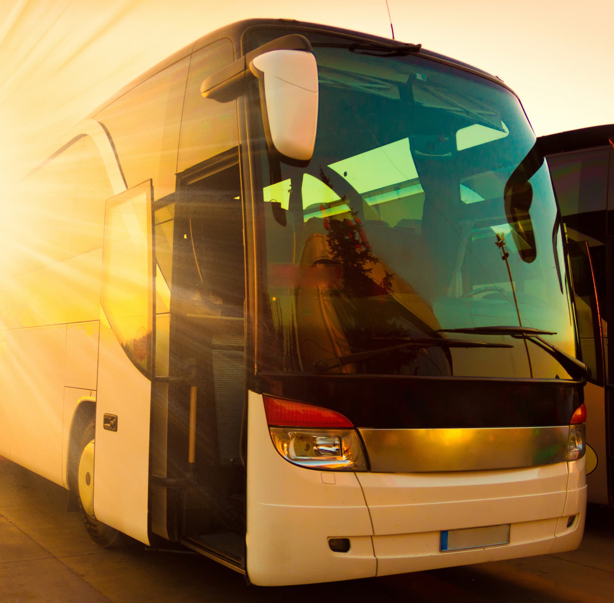 White coach with the sunset light from the background