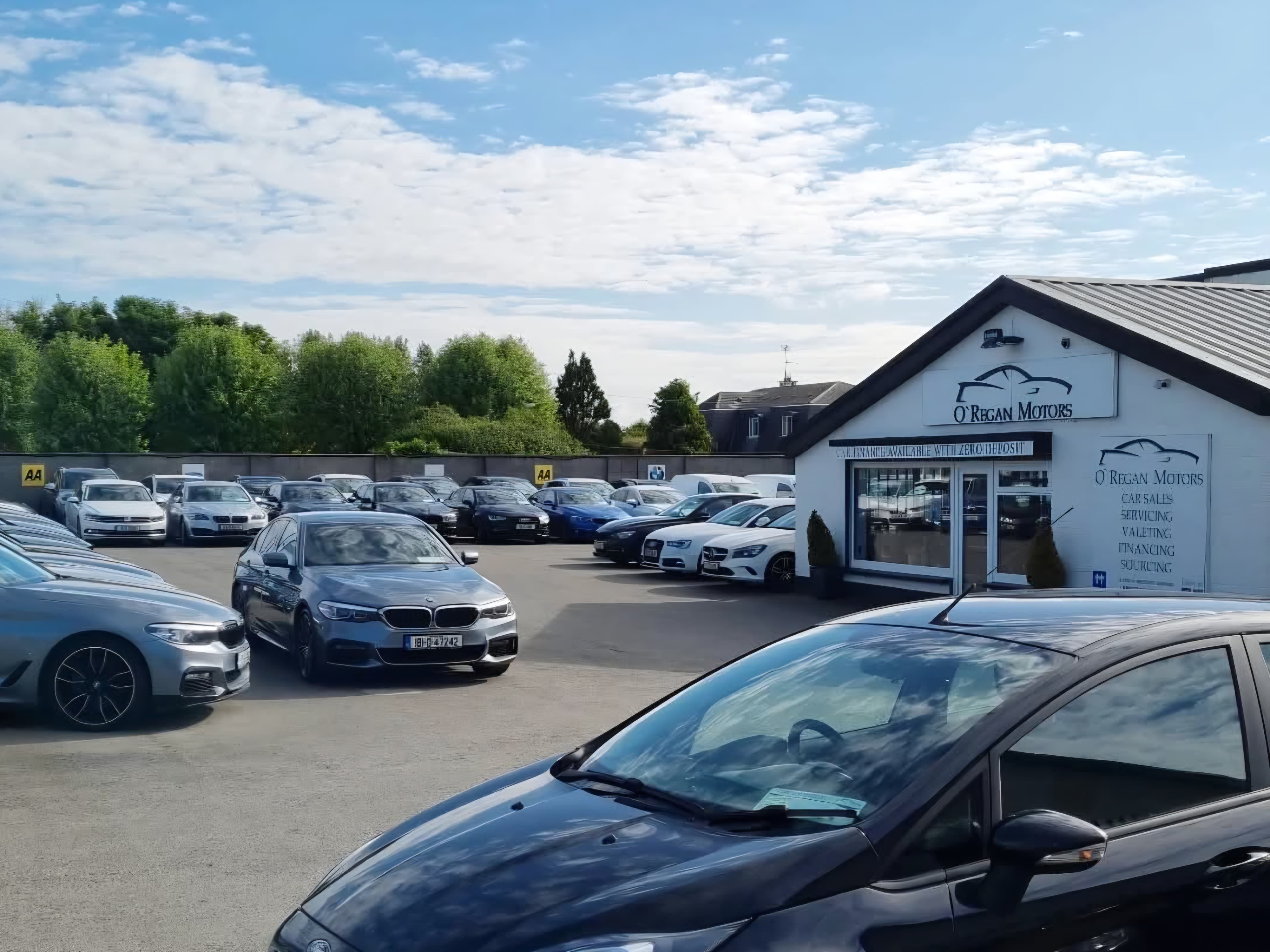 Dealership Picture — exterior of a car dealership showroom with rows of cars parked outside under a blue sky
