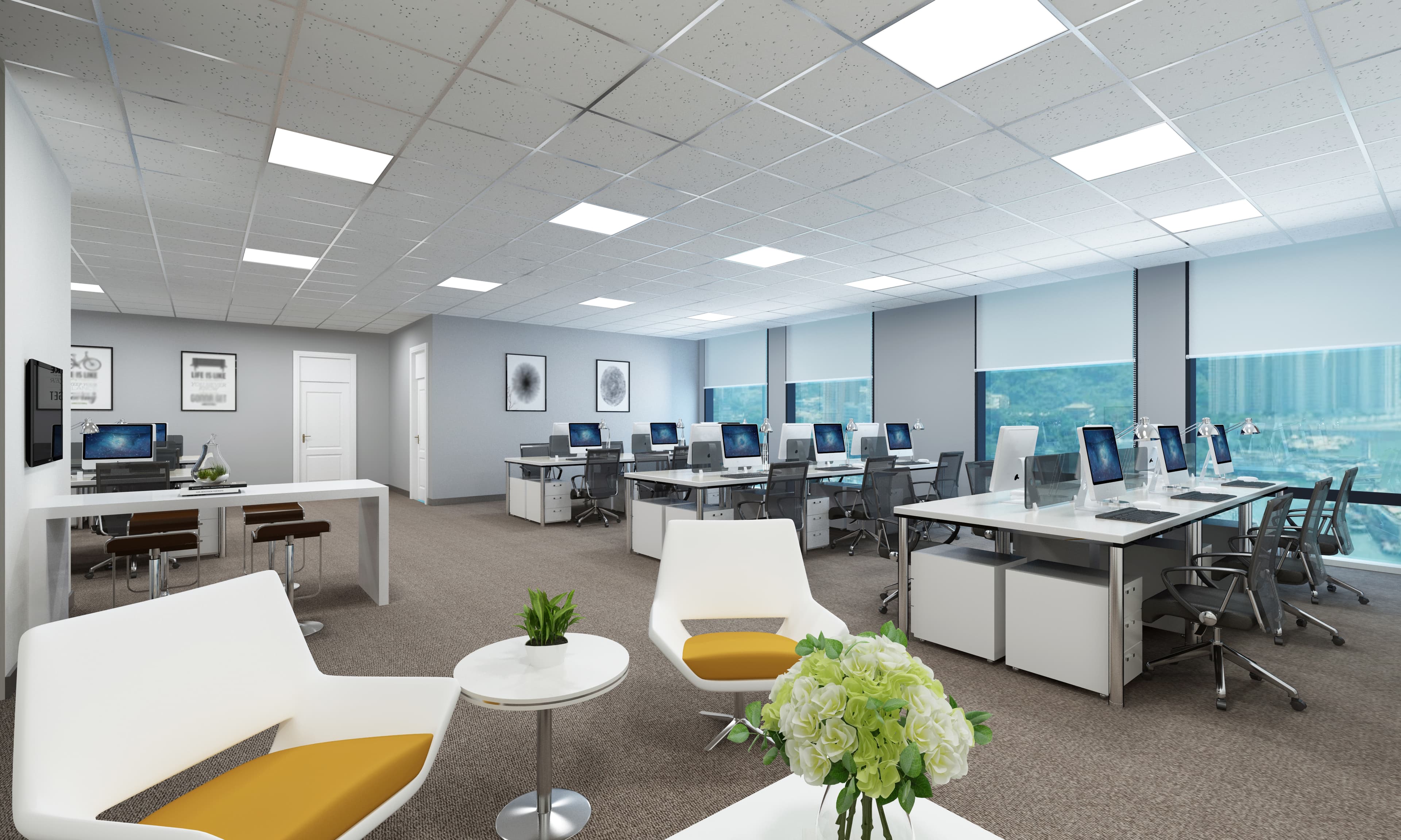 Modern open-plan office interior, 3D rendering