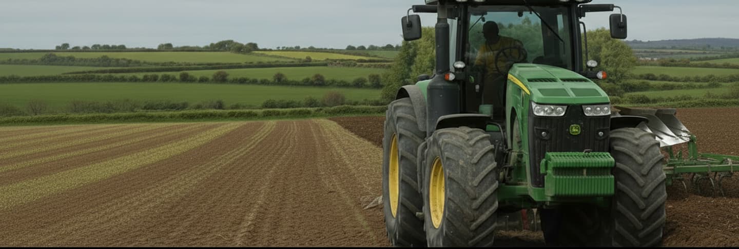 Tractor working a ploughed field under an overcast sky (agricultural finance)